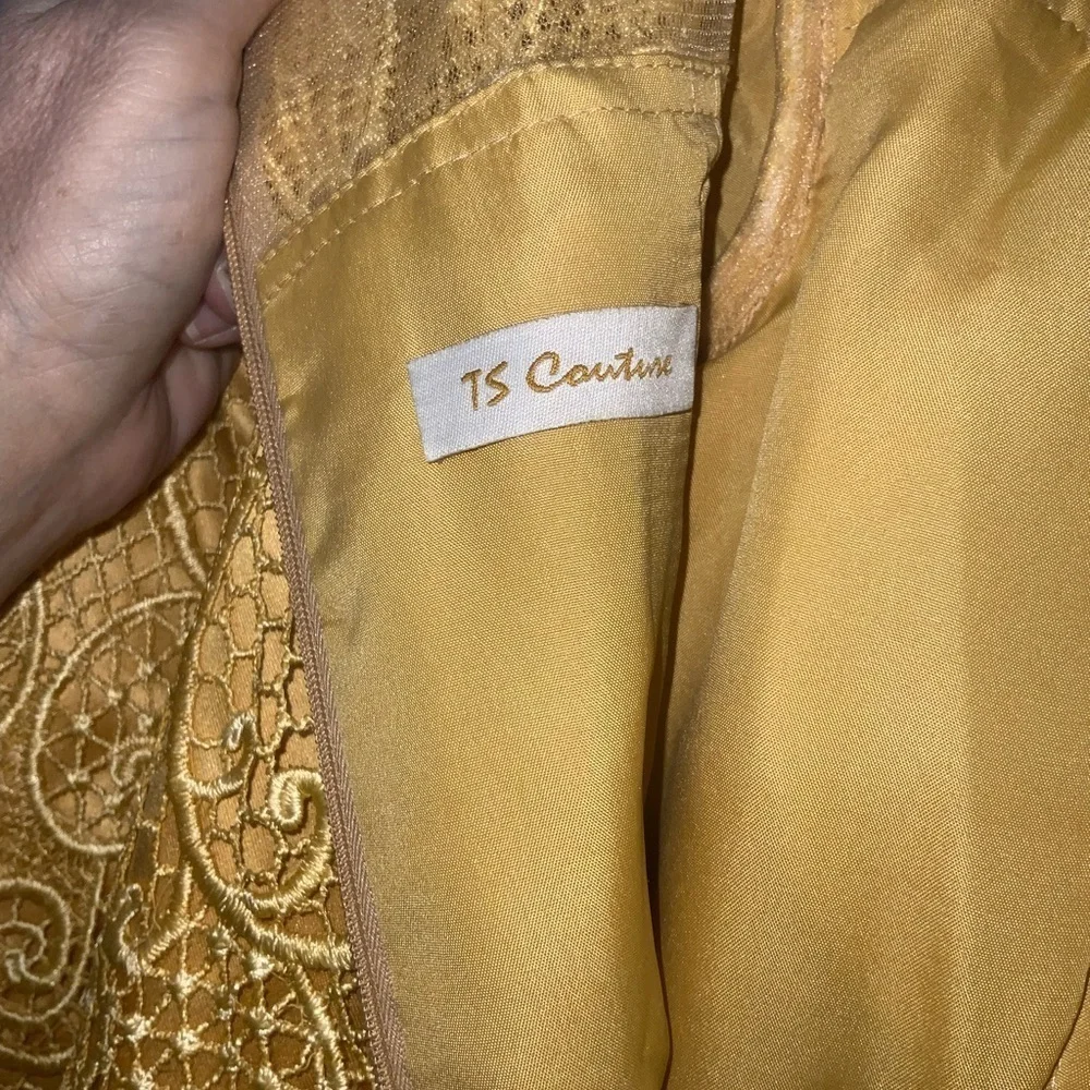 TS Couture Mustard Yellow Lace Long Sleeve Peplum Satin Mermaid Formal Gown NWT